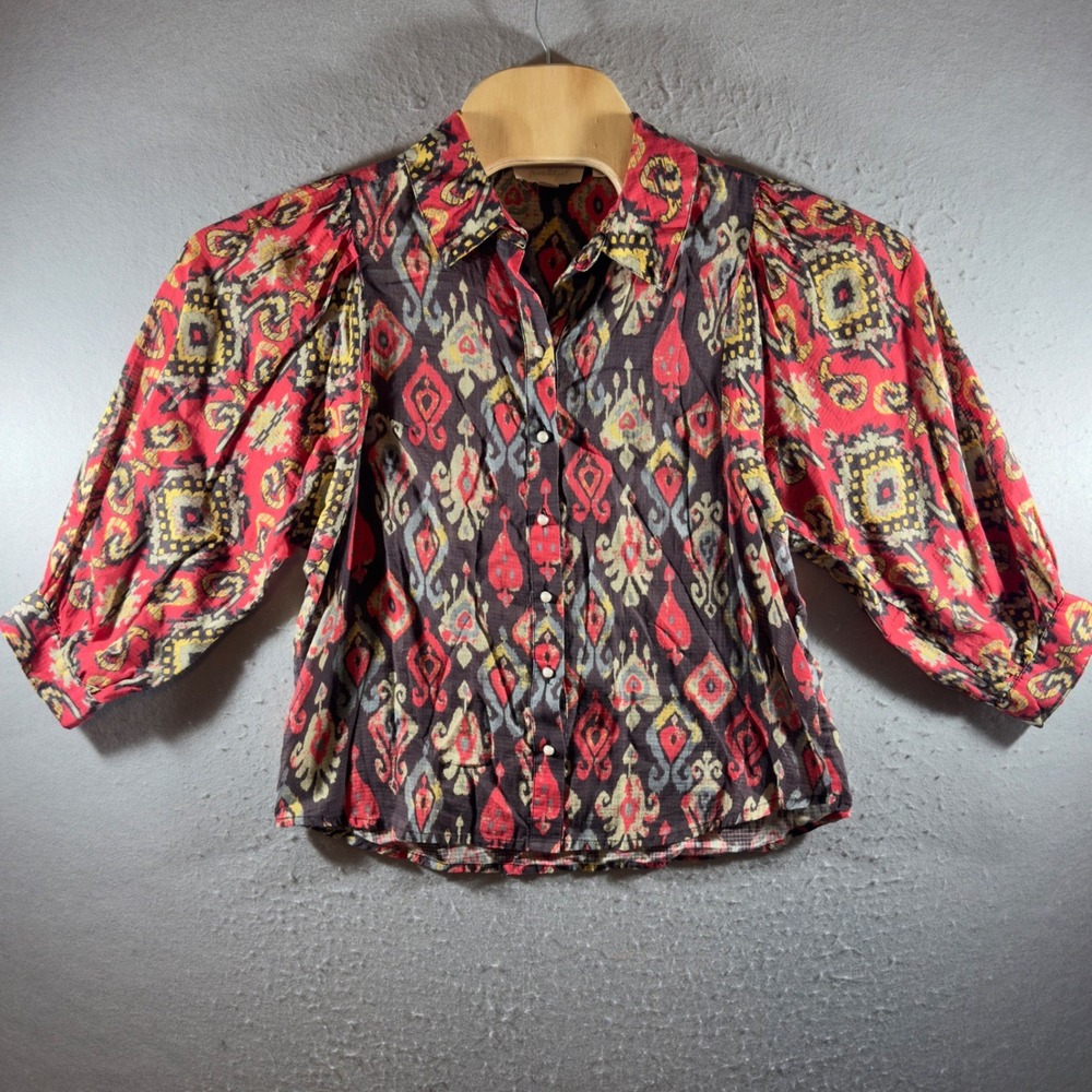 3012 |Forever That Girl Ikat Puff Sleeve Boho Artisan Blouse Red Earthy Women XS